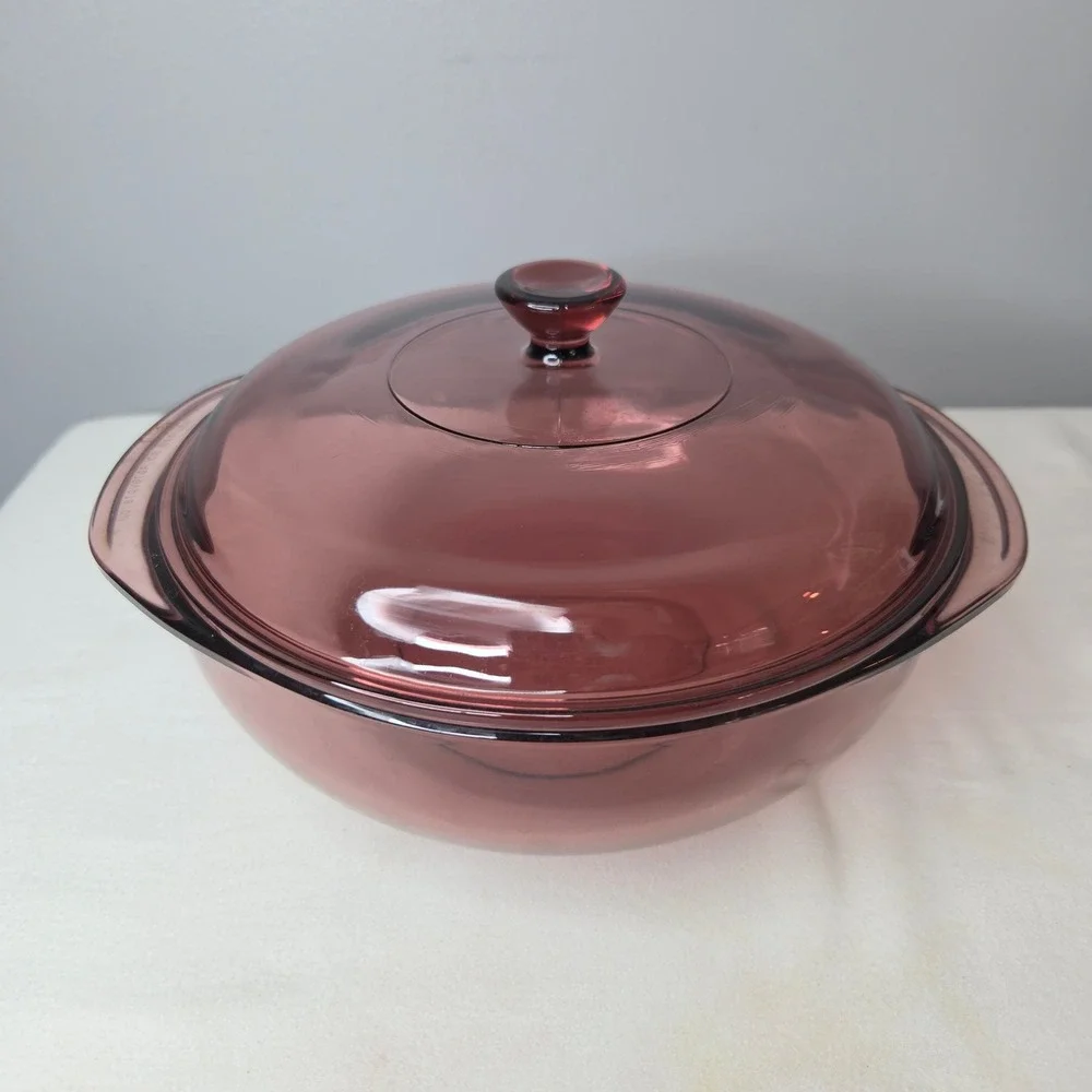 Pyrex Visions Cranberry Glass 2L Round Casserole Dish with Lid 024 USA Made MCM